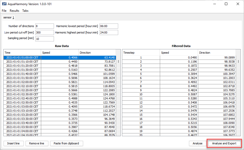 Analyse and Export menu