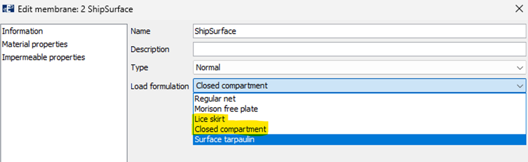 Figure 3 Load formulations that can be used to initiate the MacCamy-Fuchs in AquaSim, highlighted in yellow.