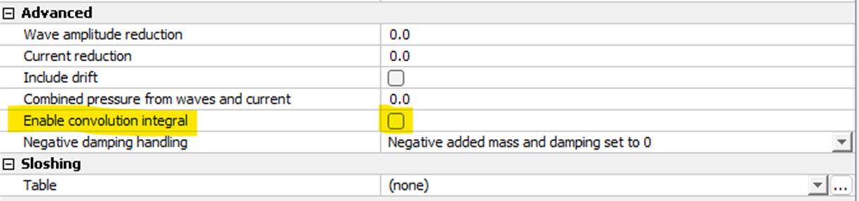 Figure 2 How to enable forces caused by convolution for hydrodynamic response element type “Membrane/Membrane X” when using load formulation “Lice skirt” / “Closed compartment” along with “Numerical diffraction”.