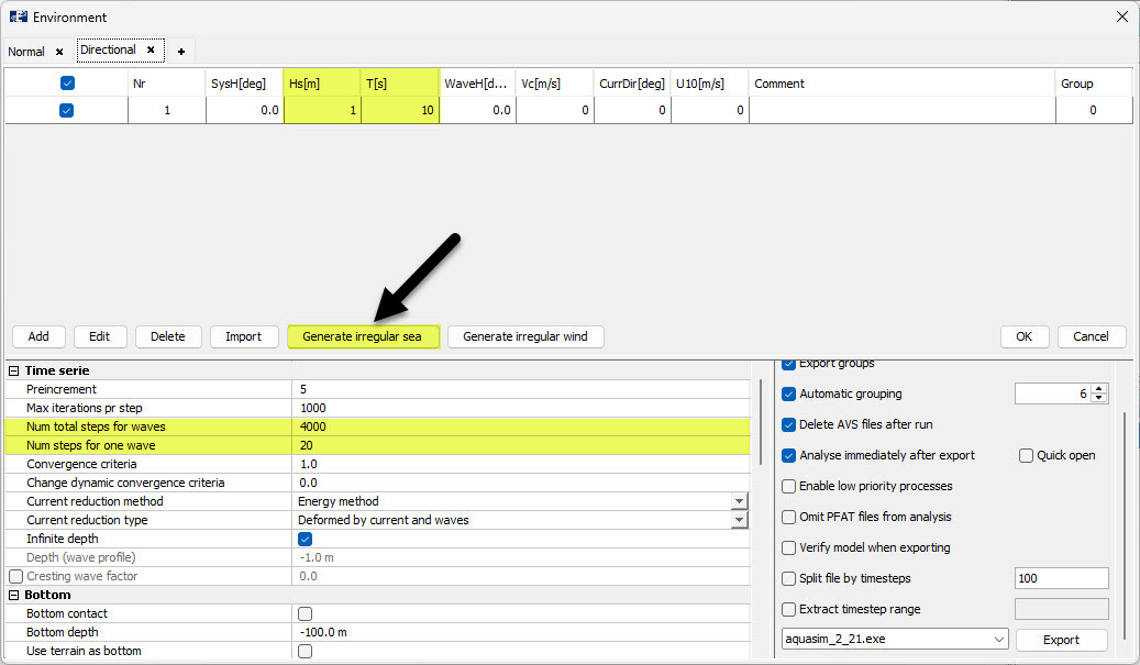 Figure 3 Generating irregular waves in AquaSim in the Export-window.