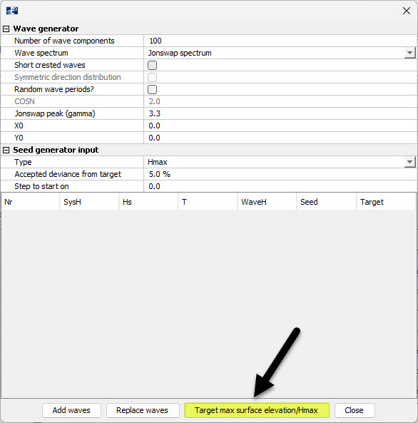 Figure 4 Generating irregular waves in AquaSim in the Export-window, after pressing “Generate irregular sea”.