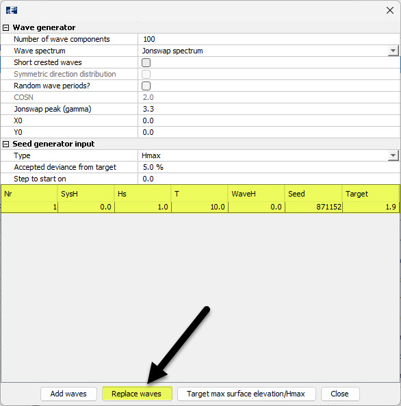 Figure 5 Generating irregular waves in AquaSim in the Export-window, after pressing “Target max surface elevation/Hmax”.