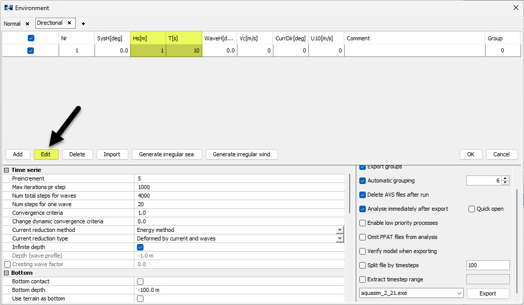 Figure 6 Export-window, after generating irregular waves.