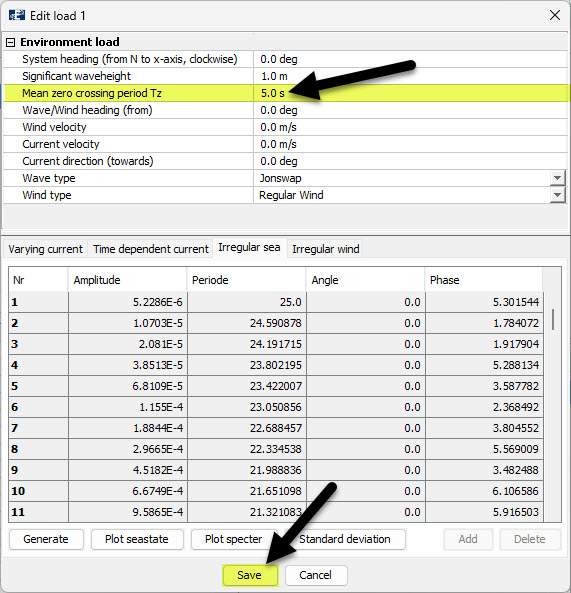 Figure 9 Changing Tz in the load condition parameters, after having generated irregular waves.