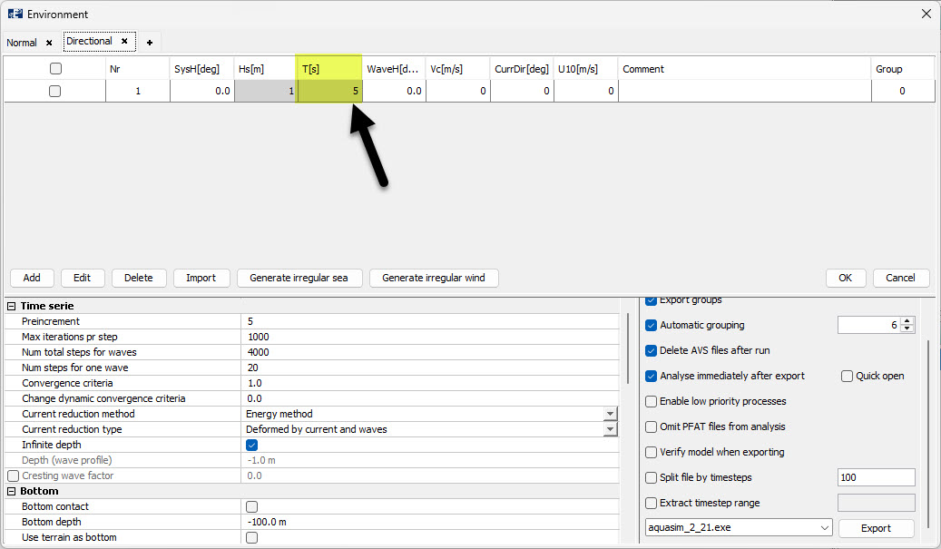 Figure 11 Edit wave period directly in Export-window, after having generated irregular waves.