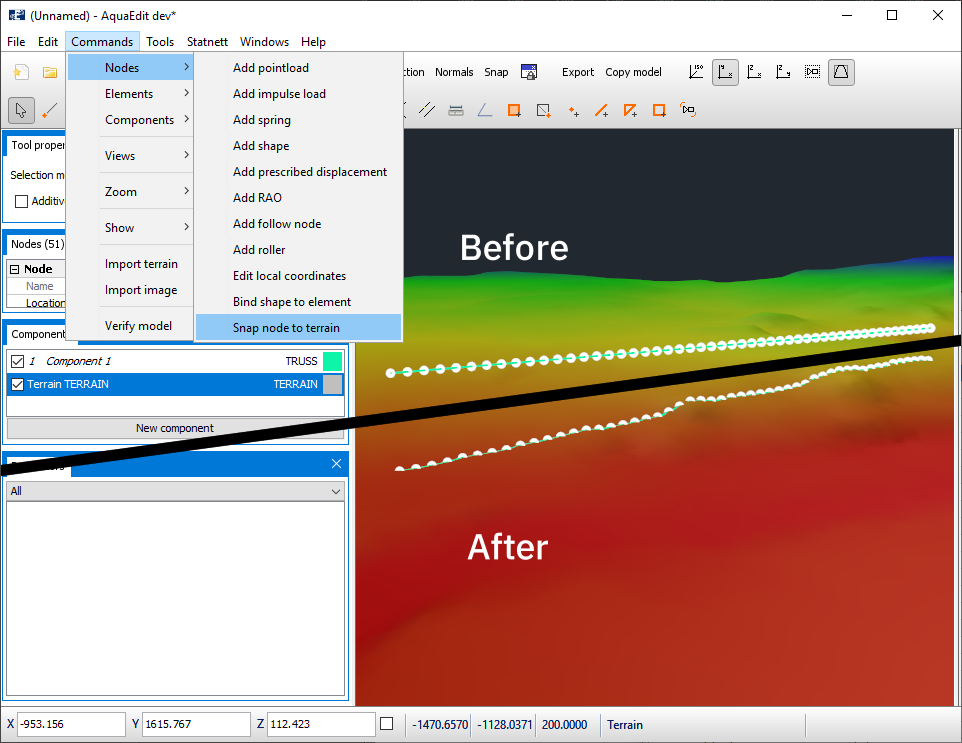 Figure 3 - Before and after using the Snap node to terrain functionality