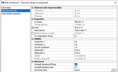 Figure 13 Material properties of the tarpaulin closed compartment