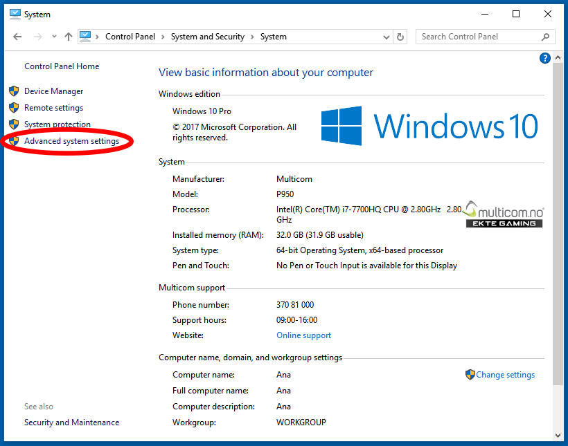 Control panel - system - advanced system settings