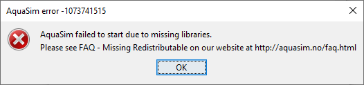 Error message: AquaSim failed to start due to missing libraries